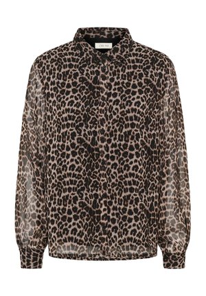 Leopardimustriga pikkade varrukatega nööbiga särk, millel on krae ja mansetid, valmistatud õhukesest ja kergest kangast.