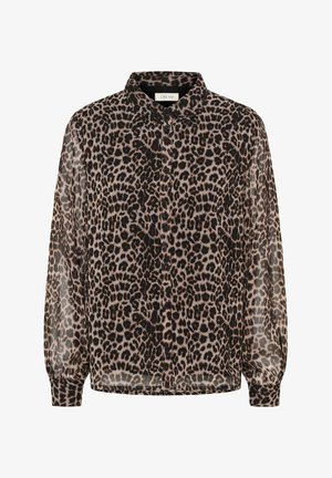 Košile s dlouhým rukávem, s leopardím potiskem, rozepínací na knoflíky, s límečkem a manžetami, vyrobená z jemné lehké tkaniny.