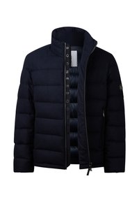 Námořnická péřová bunda s prošívaným designem, vysokým límcem, zapínáním na zip a logem na rukávu. Podšívka má kontrastní strukturu.