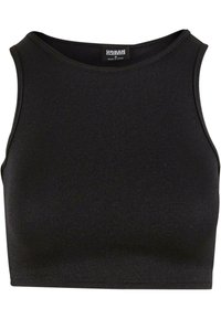 Crni bezrukavni crop top izrađen od teksturirane tkanine s čvrstim uzorkom. Ima okrugli izrez i prilagođeni kroj.