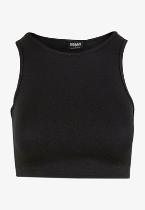 Čierny bezrukávový crop top vyrobený z textúrovanej tkaniny s pevným vzorom. Má okrúhly výstrih a priliehavý strih.