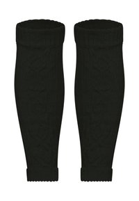 Schwarze gestrickte Handwärmer mit gerippten Bündchen und einem durchgehenden strukturierten Muster, entworfen für Wärme und Komfort.