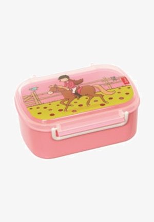 Pink plastic lunchbox with a transparent lid featuring a cartoon girl riding a horse on a field with yellow and brown polka dots.
