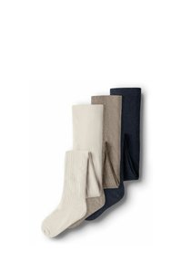 Quatre paires de chaussettes dans des teintes variées : beige clair, taupe, gris foncé et marine. Texture côtelée pour la paire beige clair ; finition lisse pour les autres.