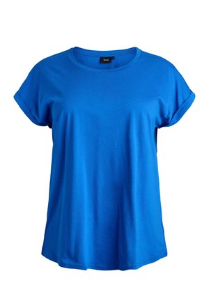 Blå kortärmad T-shirt i mjuk bomull. Har rund halsringning och uppvikta ärmar. Enkel design med en något lös passform.