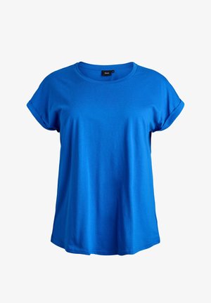 Zila īsrajainā T-krekls no mīksta kokvilnas materiāla. Raksturo ar apaļu apkakli un savērptām piedurknēm. Vienkāršs dizains ar nelielu brīvu piegriezumu.