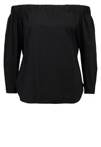 Blusa nera off-the-shoulder con maniche lunghe, colletto elasticizzato e vestibilità comoda.