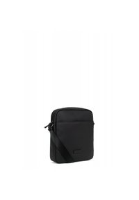 Borsa a tracolla nera realizzata in tessuto liscio. Presenta una forma rettangolare, chiusura con zip e una tracolla regolabile. Nessun logo visibile.