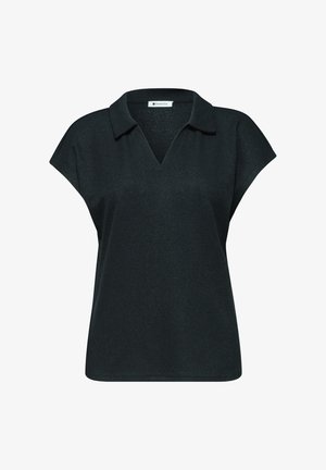 Top tricoté noir à manches courtes avec col et encolure en V, coupe ample et texture côtelée.