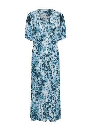 Rochie maxi dintr-un material ușor, cu un imprimeu animalier alb-albastru, mâneci scurte, decolteu în v și talie elastică pentru o croială lejeră.