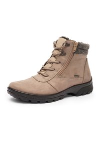 Beige suèdenenkellaars met veters voor, zijrits, gewatteerde grijze gebreide kraag en zwarte, gestructureerde zool.