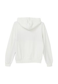 Felpa bianca con cappuccio in tessuto morbido, maniche lunghe, cappuccio con cordino e orlo e polsini a costine. Design semplice, senza loghi o fantasie visibili.