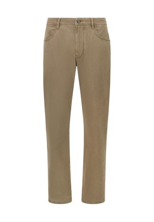 Khaki Chinos mit geradem Bein, aus glattem Baumwollstoff, mit Fronttaschen und einem Knopfverschluss am Bund.