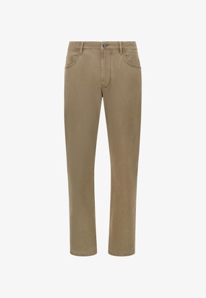 Chinos color caqui con un diseño de pierna recta, fabricados en una suave tela de algodón, que cuentan con bolsillos delanteros y un cierre de botón en la cintura.