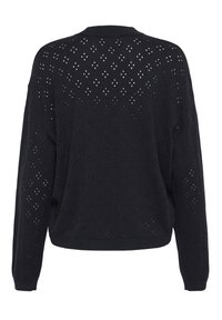 Pull noir en tricot à la coupe ample, doté de motifs ajourés en forme de losange et de bordures côtelées aux ourlets et aux poignets, offrant un détail textural.
