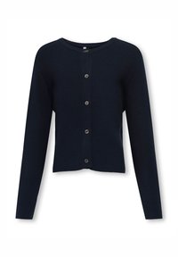 Tumši zils ribots kardigans ar apaļu kakla izgriezumu, gariem piedurknēm un sešām pogu aizdares vietām priekšpusē; gluda virsma, īss dizains.