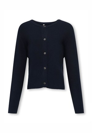 Tamsiai mėlynas dygsniuotas kardiganas su apvalia iškirpte, ilgomis rankovėmis ir šešiomis sagomis priekyje; lygi tekstūra, trumpintas dizainas.