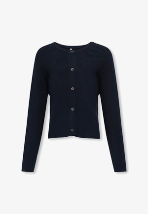 Mörkblå ribbad kofta med rund halsringning, långa ärmar och sex knappar framtill; slät textur, kort design.