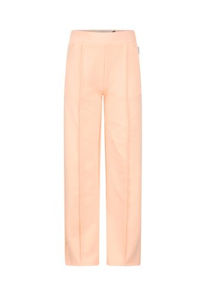 Jasnopomarańczowe, wysokogatunkowe spodnie o prostych nogawkach z przednimi zakładkami i małymi rozcięciami przy mankietach nogawek.