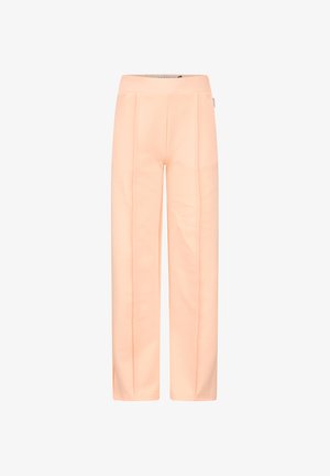 Jasnopomarańczowe, wysokogatunkowe spodnie o prostych nogawkach z przednimi zakładkami i małymi rozcięciami przy mankietach nogawek.