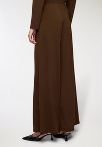 Abito lungo marrone con maniche lunghe, vita aderente e gonna fluente. Presenta una texture di tessuto liscia. Scarpe nere a punta visibili.