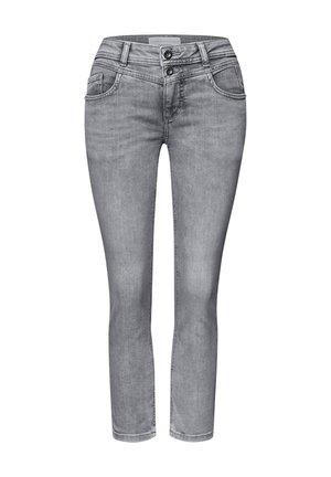 Jean denim gris slim avec fermeture à double bouton, cinq poches et légère décoloration sur l'ensemble du tissu.