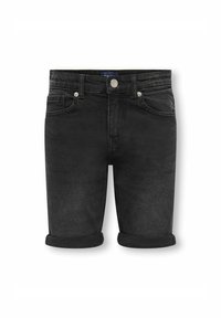 Svarta denimshorts med normal passform, med uppvända fållar, knappstängning och klassisk femfickdesign. Mjuk textur med en lätt blekning.