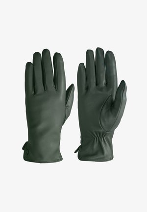 Dark green leather gloves with a smooth texture, finished with a gathered wrist and reinforced thumb detailing. Suitable for cold weather.