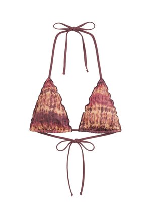 Top de bikini triunghiular cu margini ondulate, cu un model tie-dye bordo și bej și cu legături reglabile la gât și la spate.