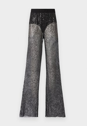 Melnas spīdīgas svārku bikses ar platu kāju dizainu, ar caurspīdīgu, strukturētu audumu un elastīgu jostasvietu komfortam.