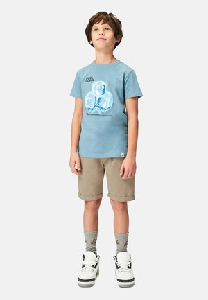 Hellblaues Baumwoll-T-Shirt mit einem Grafikdesign von Eiswürfeln, kombiniert mit khakifarbenen Shorts, grauen Socken und schwarz-weißen Turnschuhen.