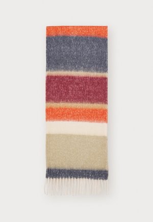 Écharpe en laine douce avec de larges rayures horizontales orange, bleu marine, bordeaux, crème, beige et bleu marine, finissant par des franges.