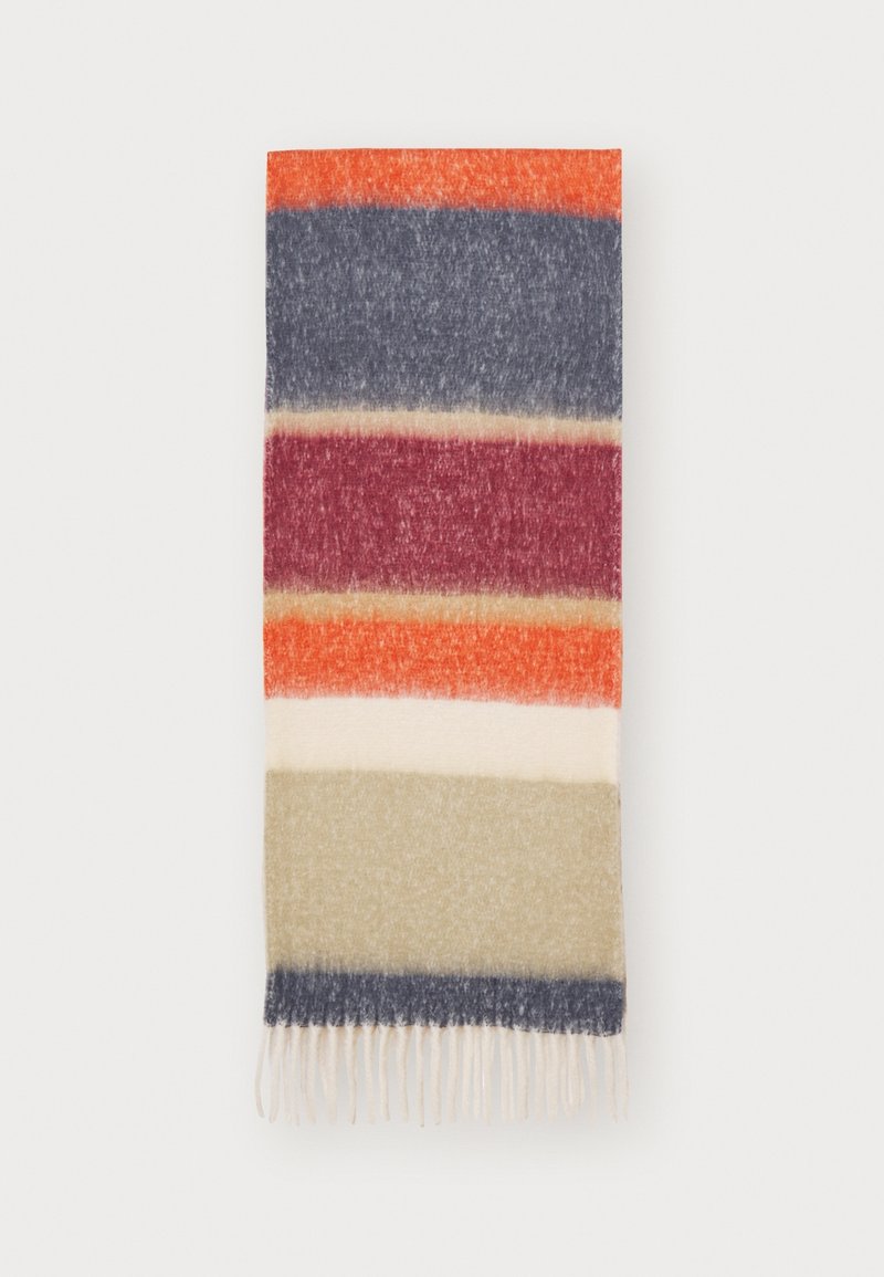 Écharpe en laine douce avec de larges rayures horizontales orange, bleu marine, bordeaux, crème, beige et bleu marine, finissant par des franges.