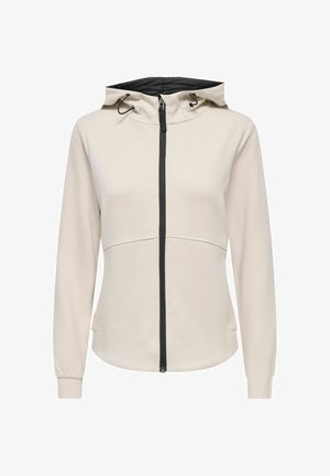 Lysebeige hættetrøjejakke med sort frontlynlås og justerbare snore på hætten, lange ærmer og en tætsiddende talje.