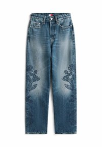 Jeans de mezclilla de cintura alta con lavado desgastado y bordados florales a lo largo de las piernas exteriores, con cinco bolsillos y cierre de botón.