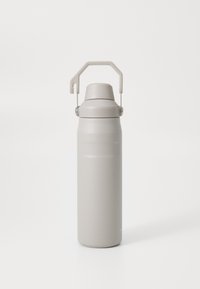 Bottiglia d'acqua in acciaio inossidabile di colore grigio chiaro. Caratterizzata da un tappo a vite e una maniglia laterale per facilitare il trasporto. Finitura liscia e opaca.