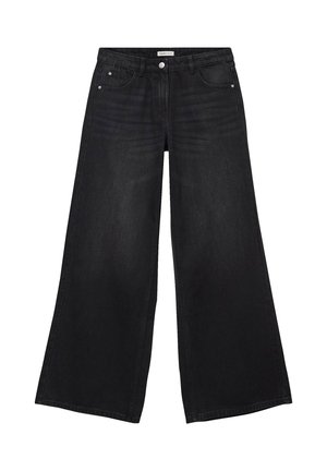 Weite schwarze Denim-Hosen mit hoher Taille, ausgestattet mit Fronttaschen und einem klassischen Knopf- und Reißverschluss. Glatte, robuste Textur.