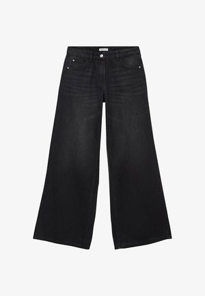 Weite schwarze Denim-Hosen mit hoher Taille, ausgestattet mit Fronttaschen und einem klassischen Knopf- und Reißverschluss. Glatte, robuste Textur.