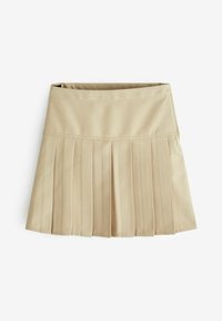 Gonna plissettata beige, con vita piatta, texture del tessuto e molteplici pieghe verticali che si estendono fino all'orlo.