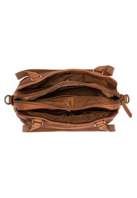 Sac à main en cuir tan avec plusieurs compartiments, y compris une section centrale zippée. Texture lisse avec des accents en métal argenté.