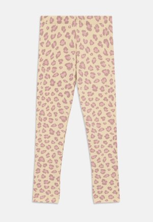 Leggings beige con motivo a stampa leopardata rosa su tutta la superficie, vita elastica e design affusolato.