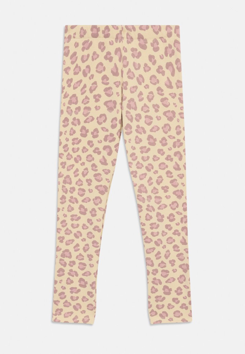 Beige leggings ar rozā leopardu rakstu visā virsmā, elastīga josta un šaura piegriezuma dizains.