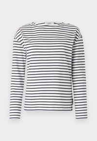 Koszulka z długim rękawem, wykonana z miękkiej bawełny, z poziomymi niebieskimi i białymi paskami, okrągłym dekoltem i luźnym fasonem.