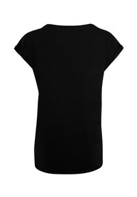 Black short-sleeve t-shirt with a rounded neckline and a relaxed fit. Smooth texture, simple design, no visible patterns or accents.