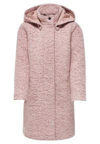 Cappotto di lana rosa con finitura textured, cappuccio e chiusura a scatto. Presenta una silhouette dritta e maniche lunghe. Interno foderato.