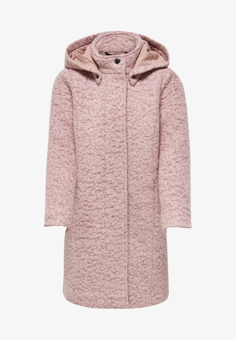 Cappotto di lana rosa con finitura textured, cappuccio e chiusura a scatto. Presenta una silhouette dritta e maniche lunghe. Interno foderato.