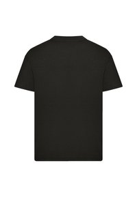 Schlichtes schwarzes Baumwoll-T-Shirt mit Rundhalsausschnitt und kurzen Ärmeln. Glatte Oberfläche, einfaches Design, keine sichtbaren Muster oder Grafiken auf der Rückseite.