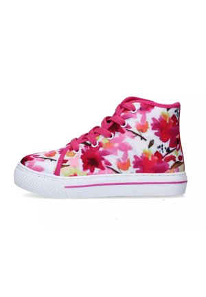 Sneaker alte con una stampa floreale nei colori rosa, rosso e giallo. Presentano lacci rosa, suola in gomma e intersuola bianca con accento rosa.