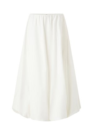 Witte, knielange rok met een elastische tailleband, met een vloeiende ontwerp en lichtgewicht stof die zachtjes valt. Geen zichtbare patronen.