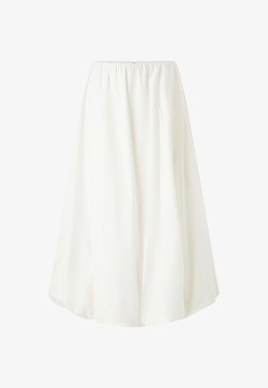 Witte, knielange rok met een elastische tailleband, met een vloeiende ontwerp en lichtgewicht stof die zachtjes valt. Geen zichtbare patronen.